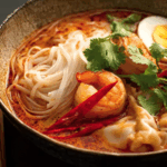 Thai Tom Yum Noodle Soup served hot with fresh herbs.