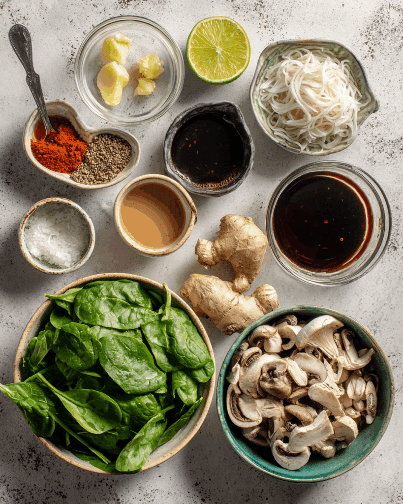 Ingredients for Thai Coconut Soup with Spinach and Mushrooms laid out on a wooden board.