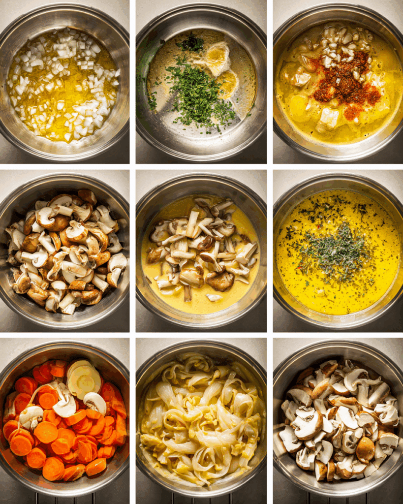 Mushrooms and onions cooking with curry paste in a pot for mushroom curry soup