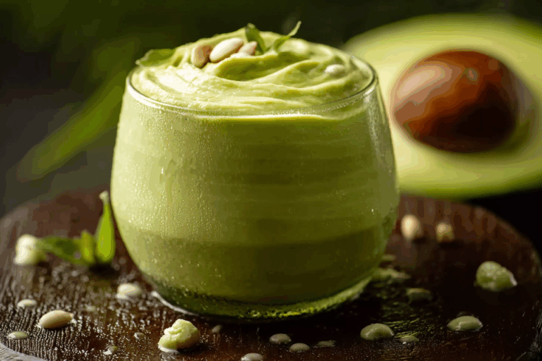 Thai avocado smoothie served in a tall glass with mint garnish