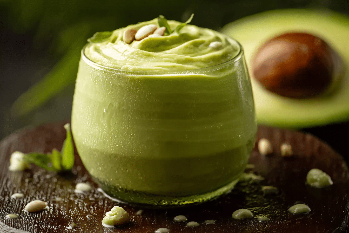 Thai avocado smoothie served in a tall glass with mint garnish