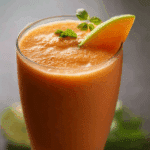Finished Thai Papaya Smoothie in a tall frosted glass with lime garnish