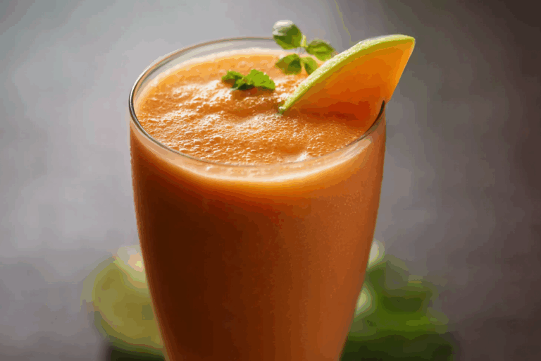 Finished Thai Papaya Smoothie in a tall frosted glass with lime garnish