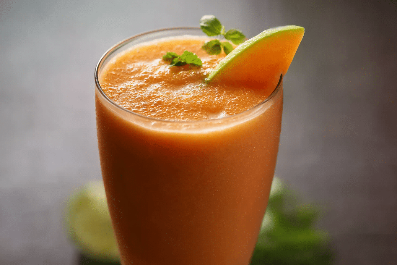 Finished Thai Papaya Smoothie in a tall frosted glass with lime garnish
