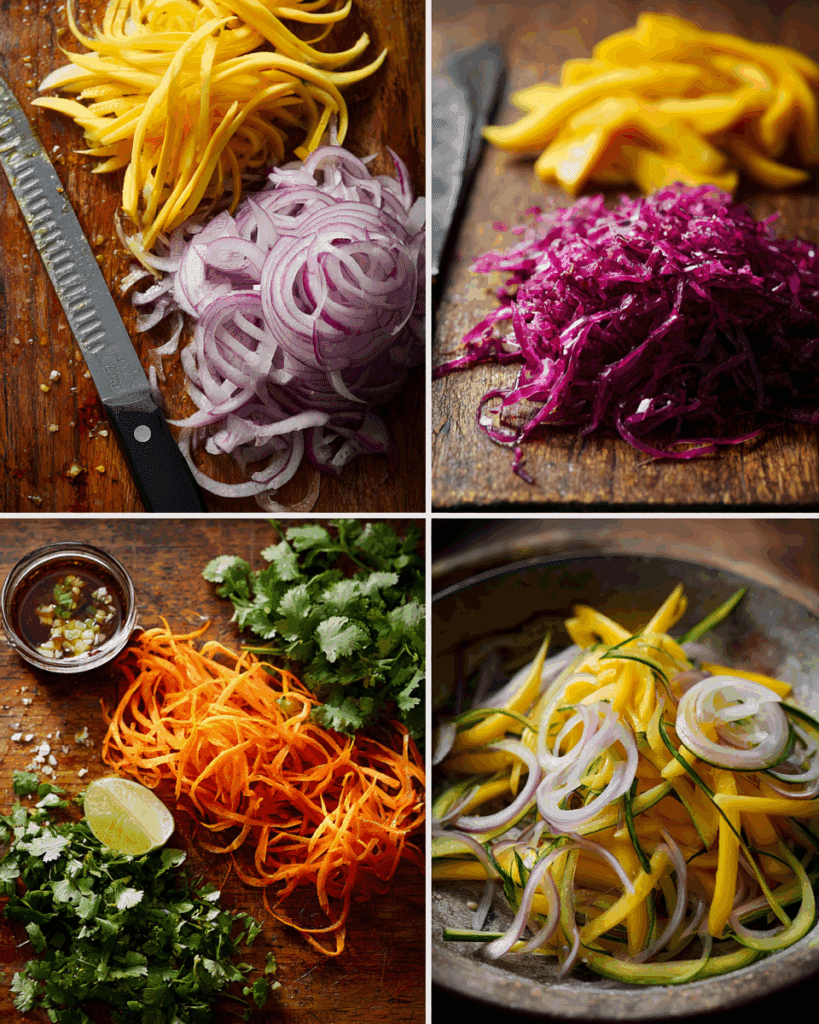 Tossing shredded green mango, carrots, and onions with spicy lime fish sauce dressing for Green Thai Mango Salad