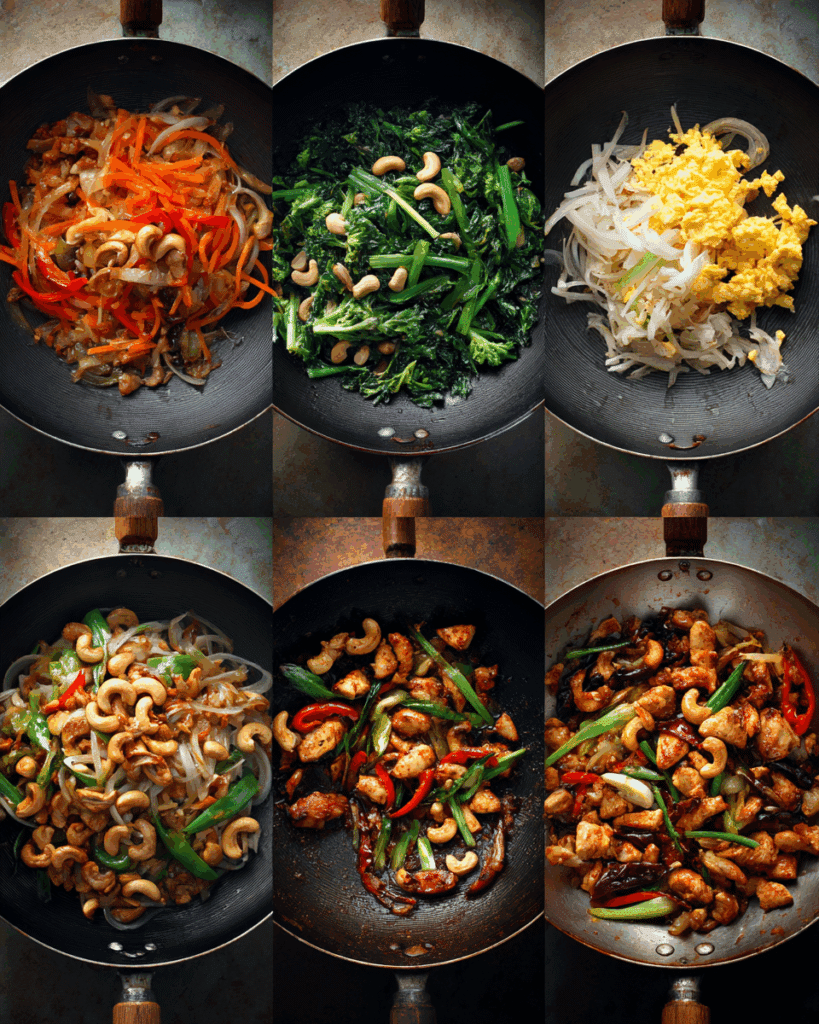 Chicken Stir-Fry with Cashew Egg Mix cooking in a hot wok.