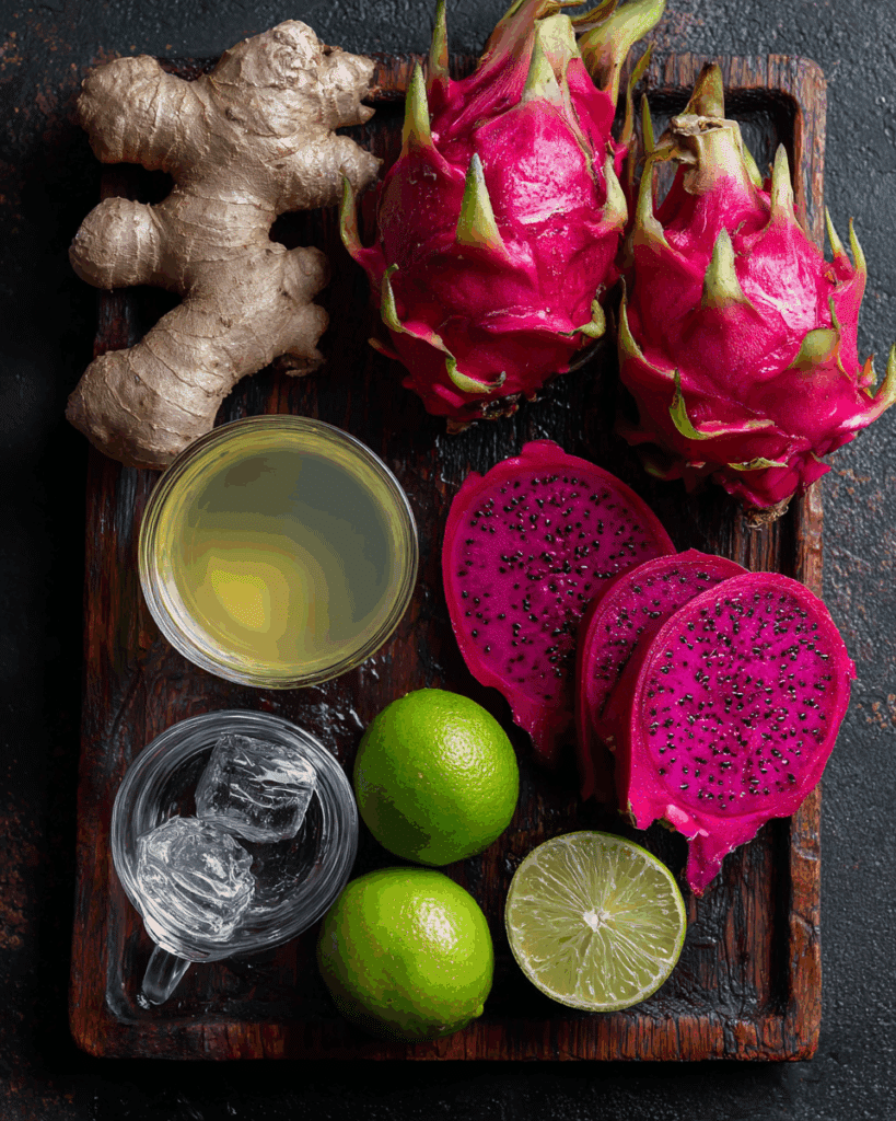 Ingredients for Thai dragon fruit juice including dragon fruit, ginger, lime, water, and sweetener