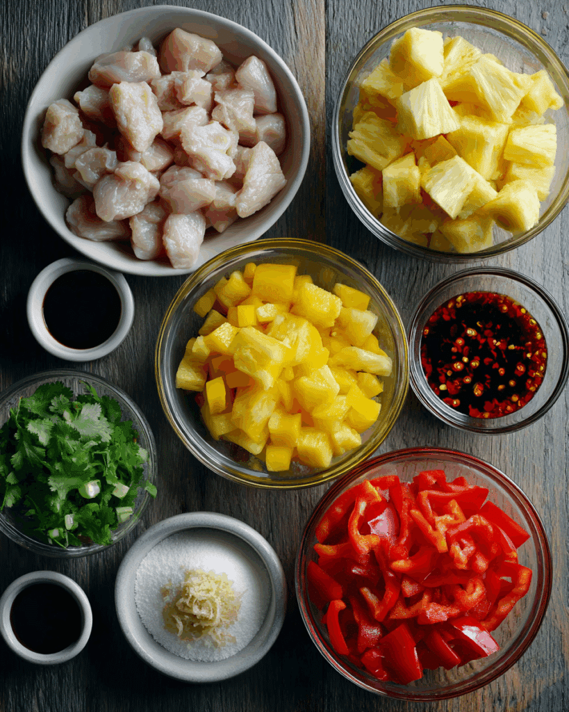 Fresh ingredients for Thai Chicken Pineapple Stir-Fry laid out on a counter