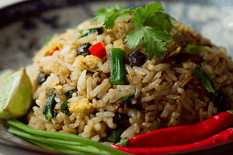 Authentic Thai Olive Fried Rice with prawns, egg, and lime garnish
