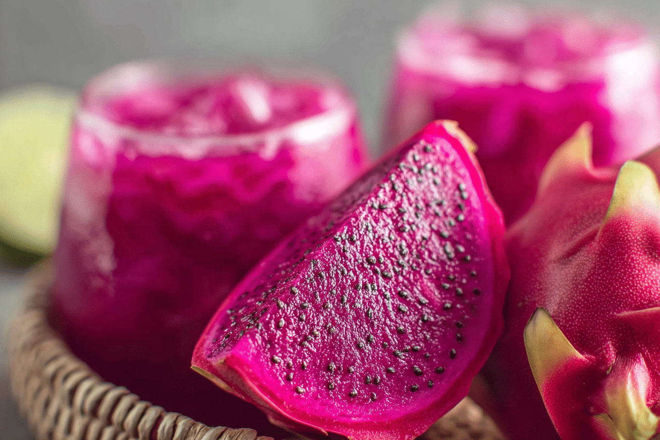 Vibrant Thai dragon fruit juice served in a glass with lime and dragon fruit garnish