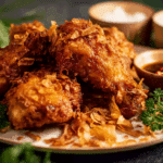 Crispy Thai Fish Sauce Fried Chicken served with sticky rice and fried shallots