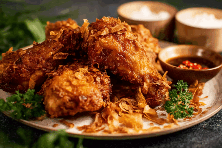 Crispy Thai Fish Sauce Fried Chicken served with sticky rice and fried shallots