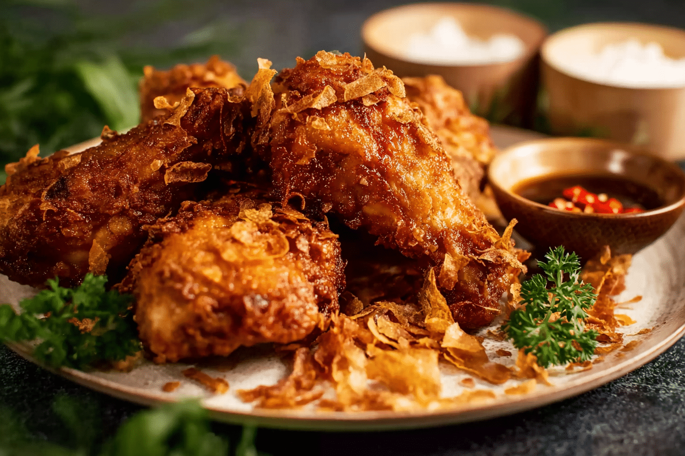 Crispy Thai Fish Sauce Fried Chicken served with sticky rice and fried shallots