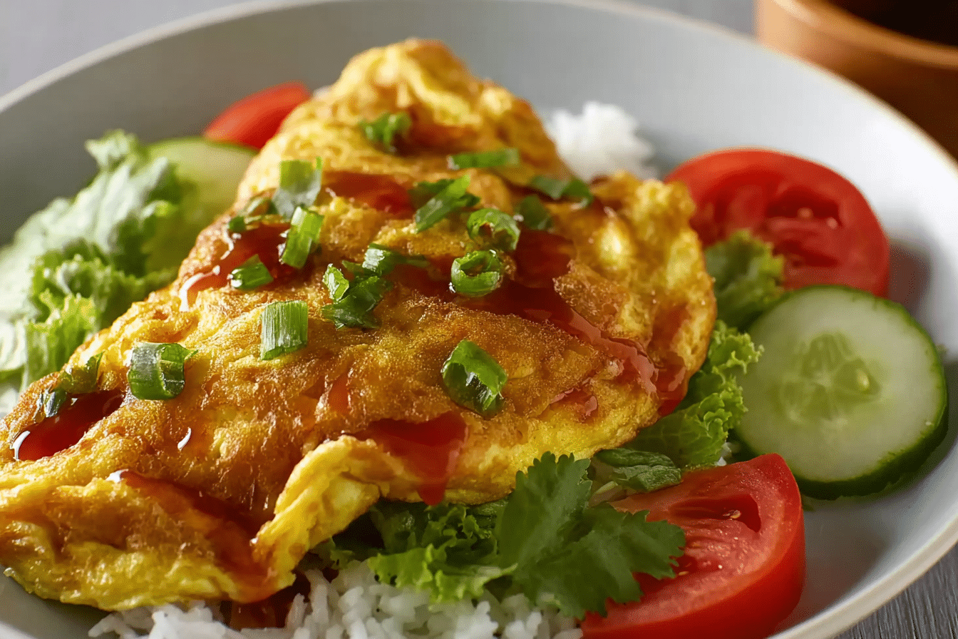 Authentic Thai Omelette Salad with crispy egg and fresh vegetables