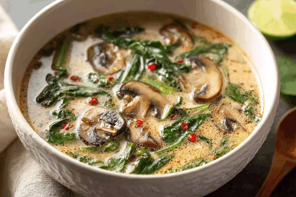 Thai Coconut Soup with Spinach and Mushrooms served hot with herbs.
