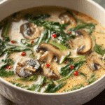 Thai Coconut Soup with Spinach and Mushrooms served hot with herbs.