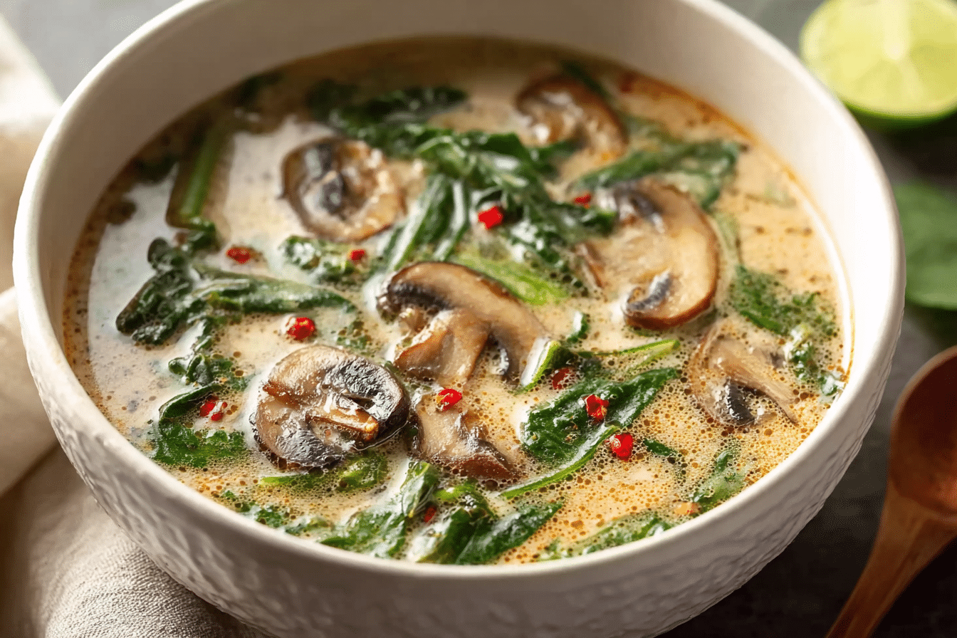 Thai Coconut Soup with Spinach and Mushrooms served hot with herbs.