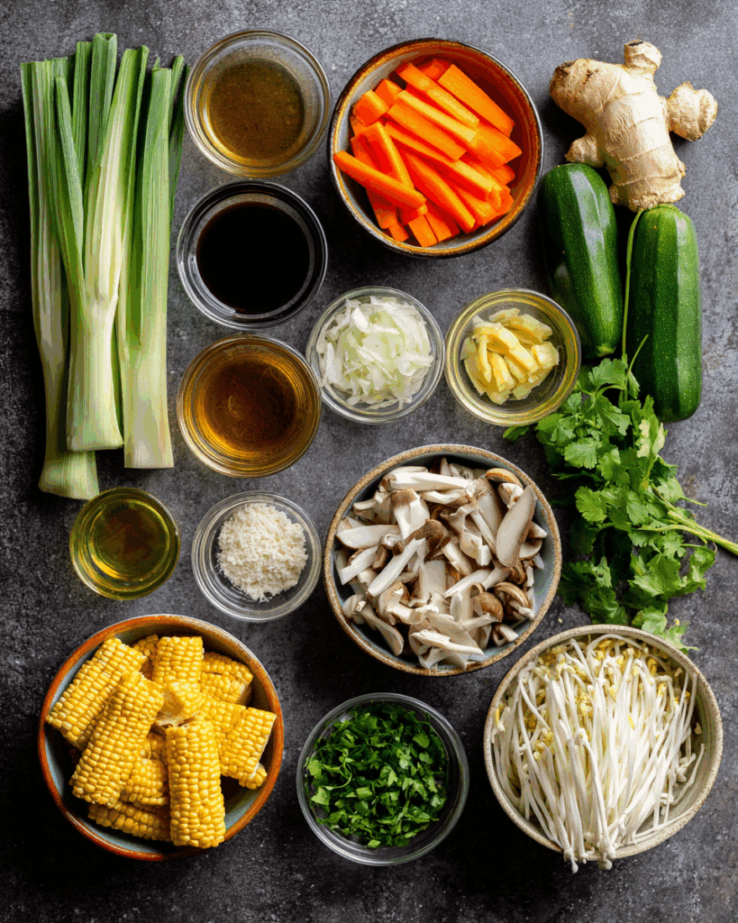 Ingredients for Thai Clear Soup with Baby Corn and Carrots on a wooden table.