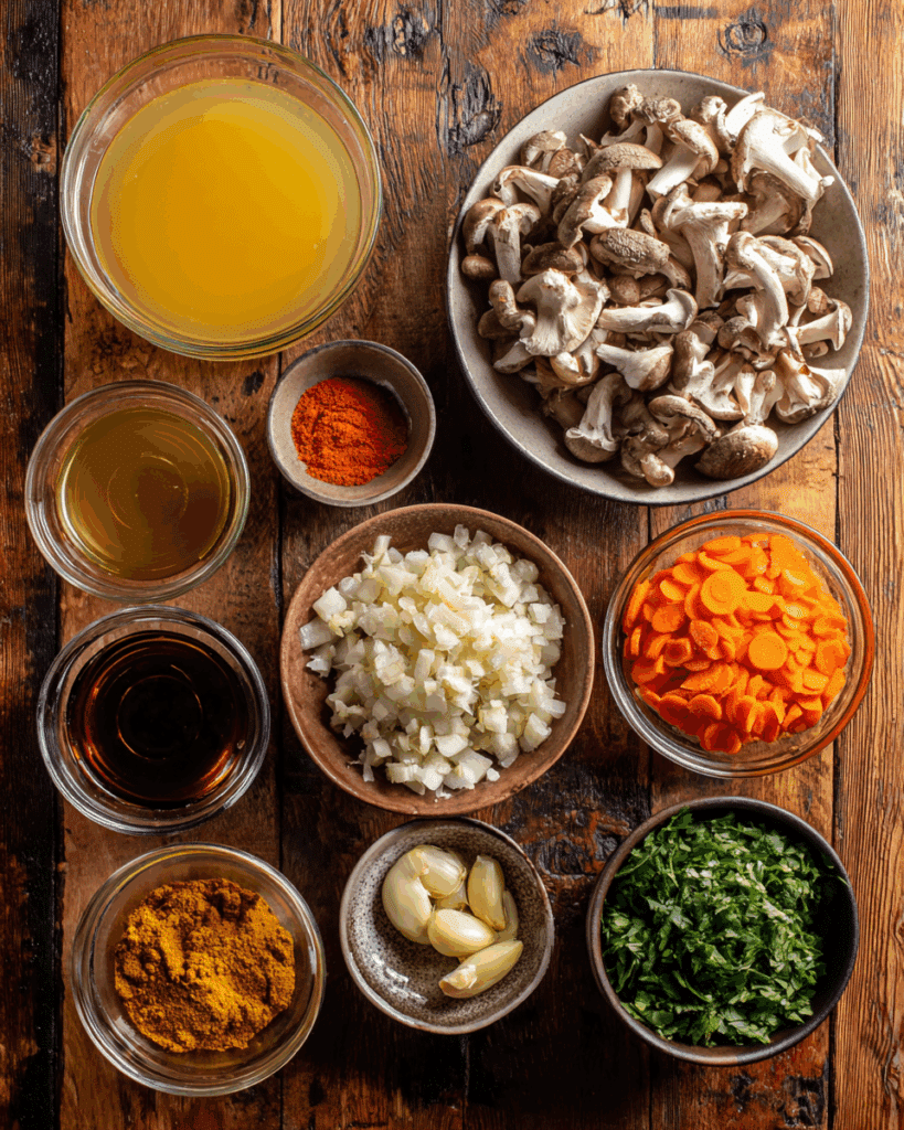 Fresh ingredients for mushroom curry soup including mushrooms, coconut milk, curry paste, onion, garlic, ginger, and lime