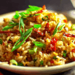 Chilli garlic fried rice served with spring onions in a rustic bowl