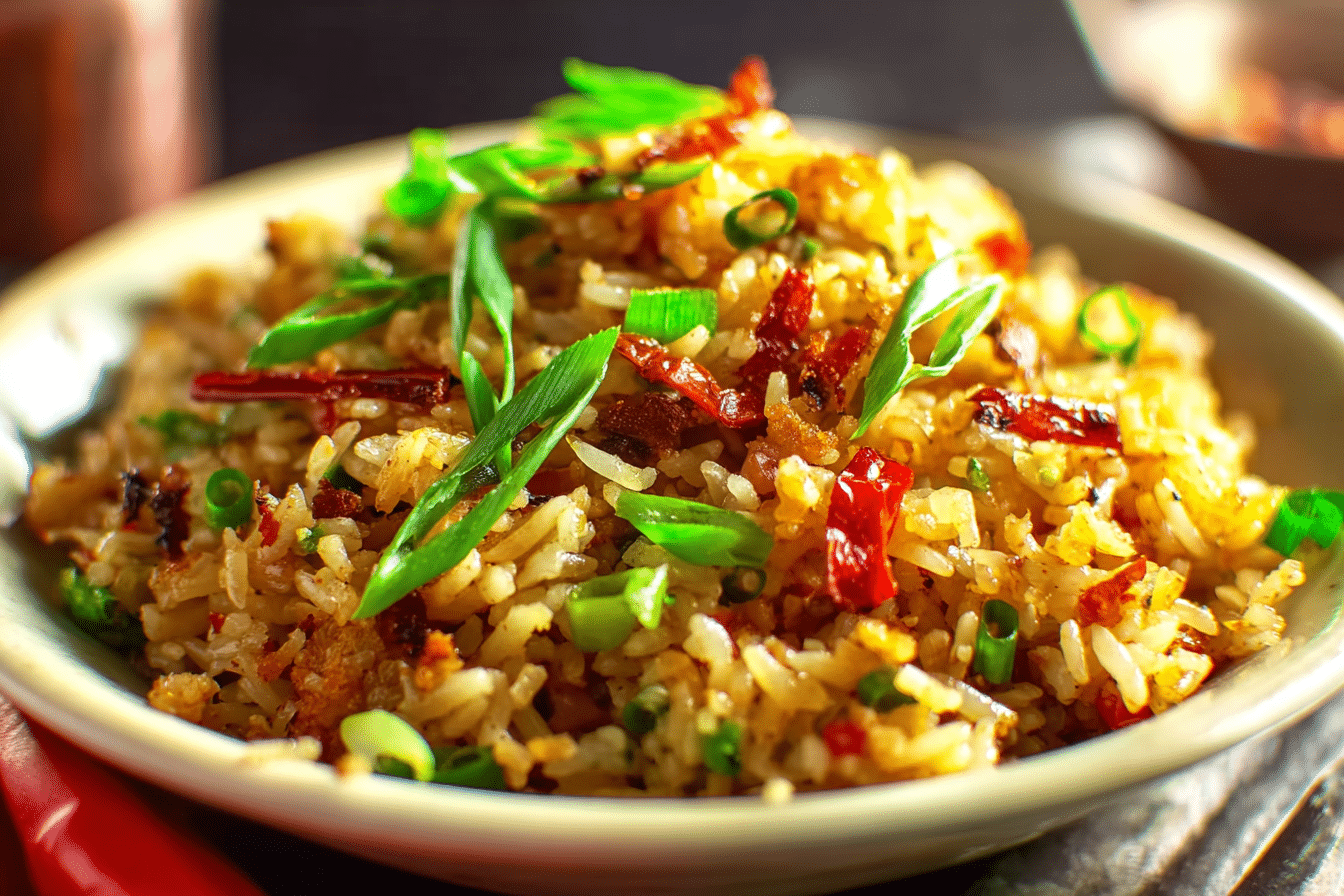 Chilli garlic fried rice served with spring onions in a rustic bowl