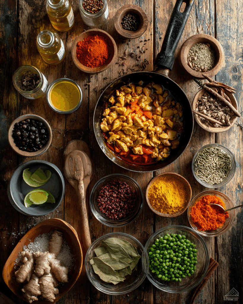 Ingredients for Thai Chicken with Red Sauce laid out on table