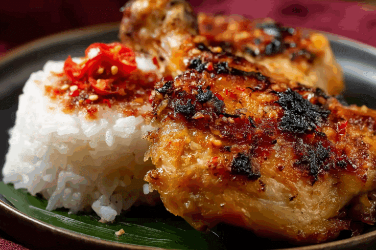 Authentic Thai Sticky Rice with Grilled Chicken served with salad and dipping sauce