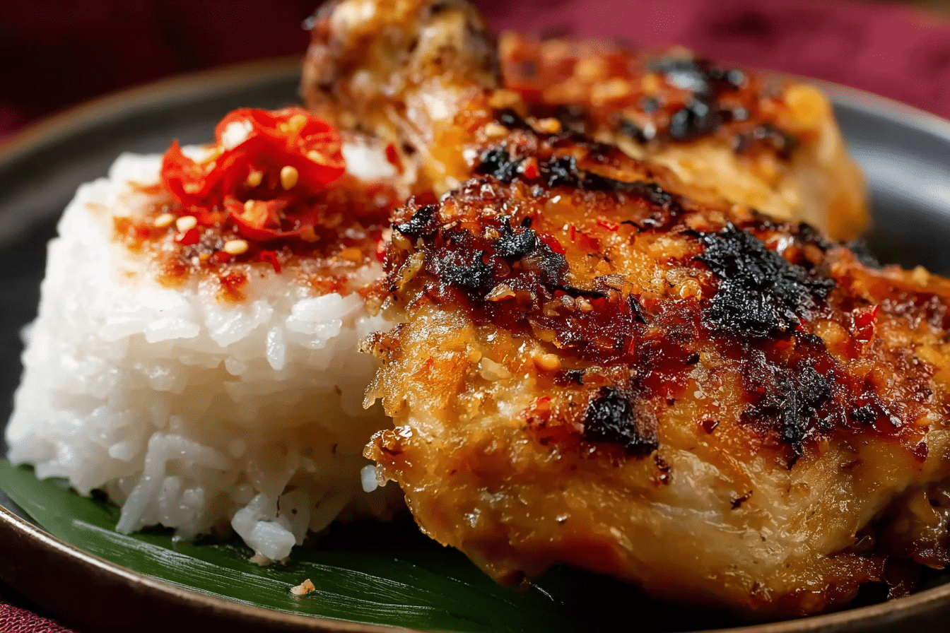Authentic Thai Sticky Rice with Grilled Chicken served with salad and dipping sauce