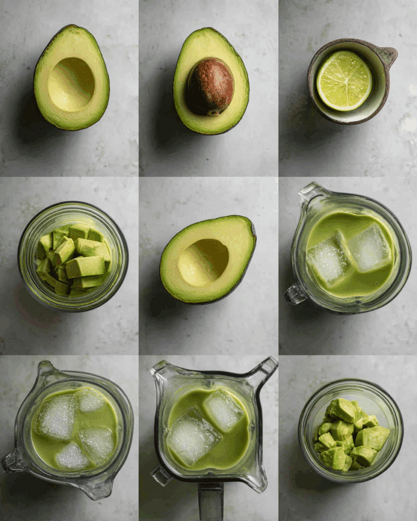 Blending avocado smoothie ingredients in a blender
