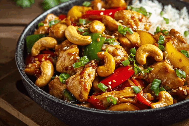 Chicken Stir-Fry with Cashew Egg Mix served on jasmine rice.