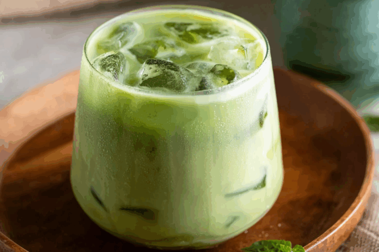 Thai Iced Coconut Matcha Latte served in a tall glass with layered colors.