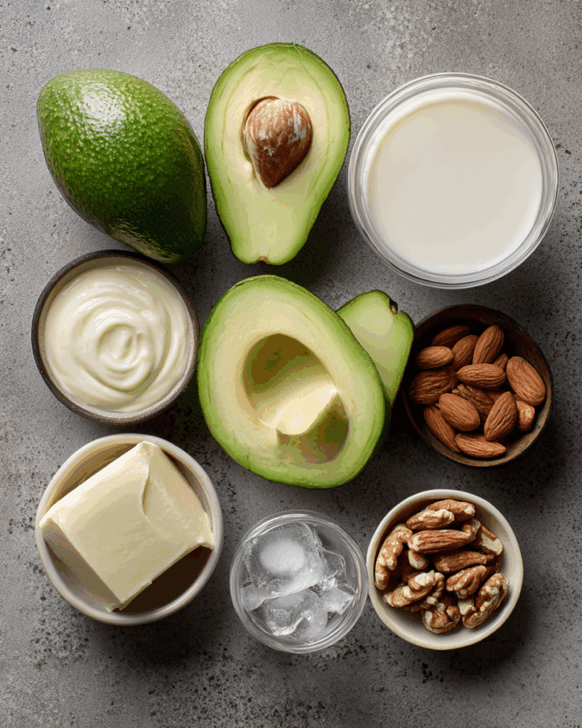 Fresh ingredients for Thai avocado smoothie on wooden surface