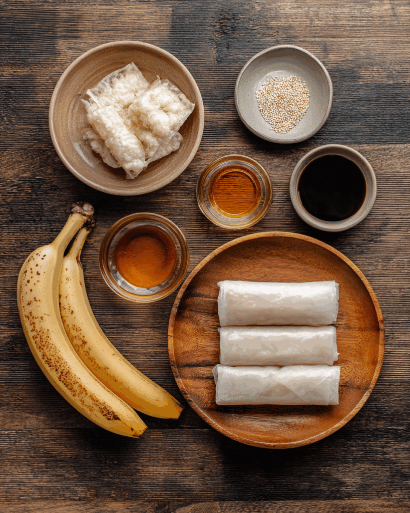 Ingredients for Thai Banana Spring Rolls with Honey Drizzle.