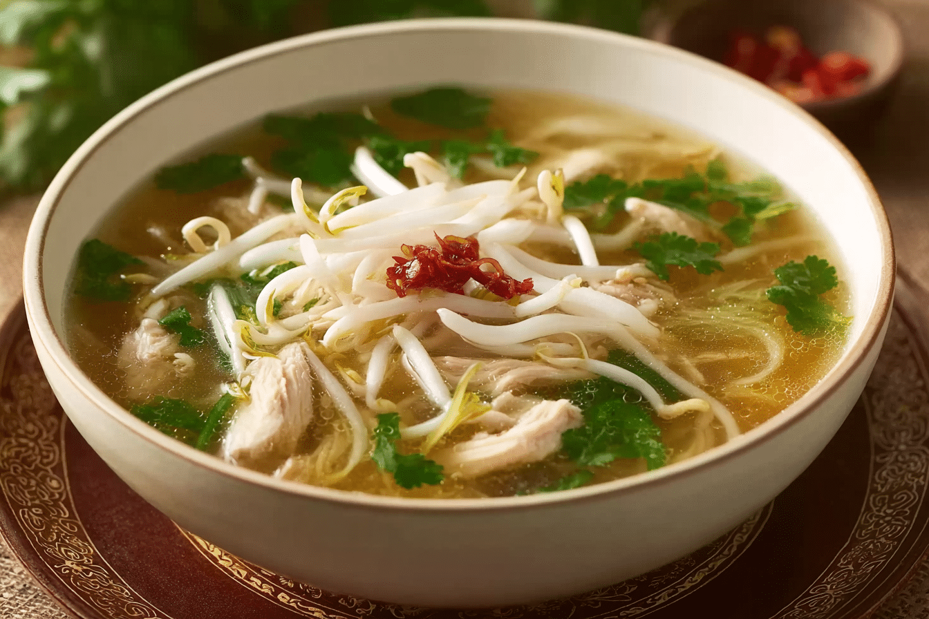 Thai Clear Soup with Bean Sprouts and Chicken served in a rustic bowl