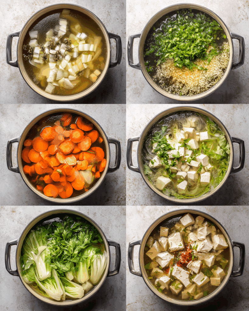 Cooking garlic and carrots in a pot for Thai clear soup.