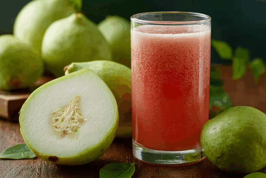 Chilled Thai guava beverage in a glass with mint and guava slice