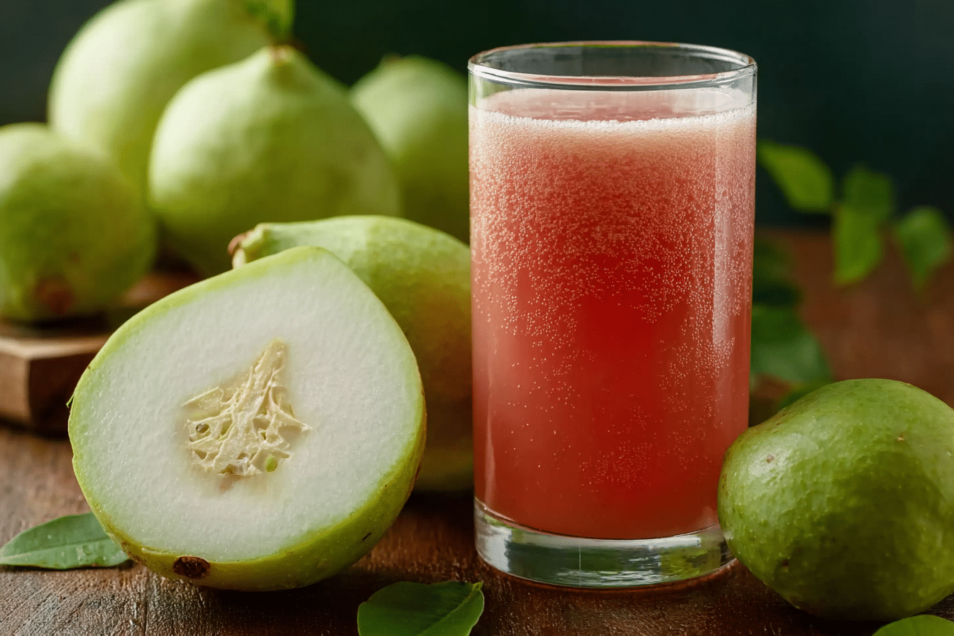 Chilled Thai guava beverage in a glass with mint and guava slice