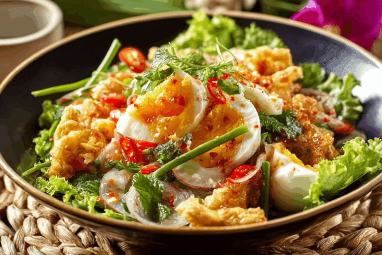 Crispy fried egg salad with fresh herbs and peanuts