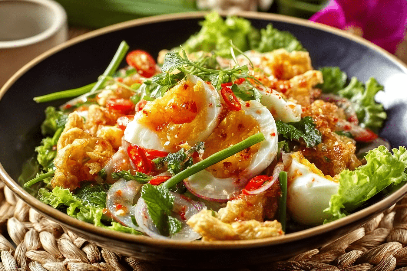 Crispy fried egg salad with fresh herbs and peanuts