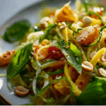 Green Thai Mango Salad served in a white bowl with lime wedges and cilantro garnish