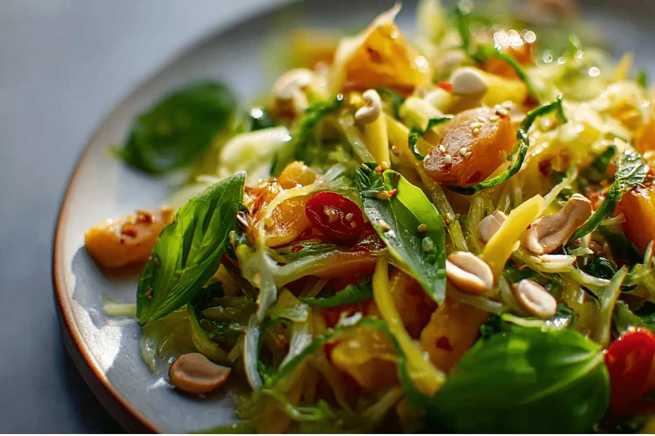 Green Thai Mango Salad served in a white bowl with lime wedges and cilantro garnish