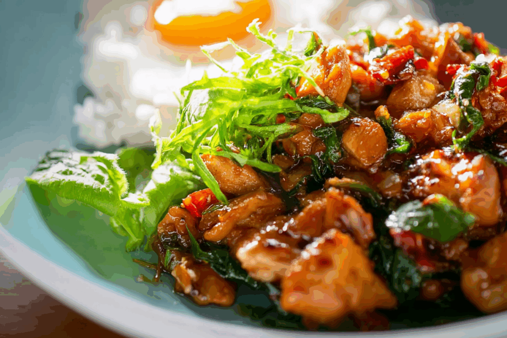 Thai Chicken with Holy Basil and Egg served with rice and fried egg