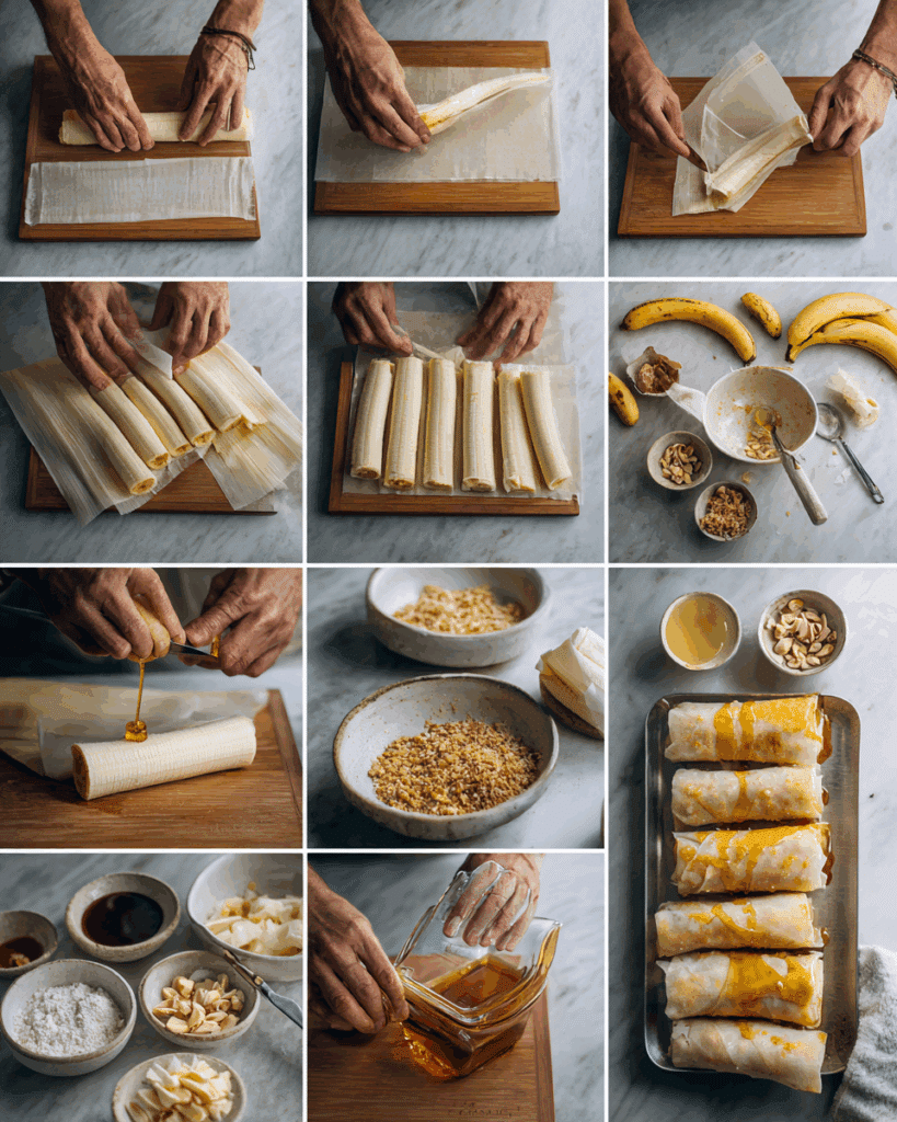 Rolling bananas for Thai Banana Spring Rolls with Honey Drizzle.