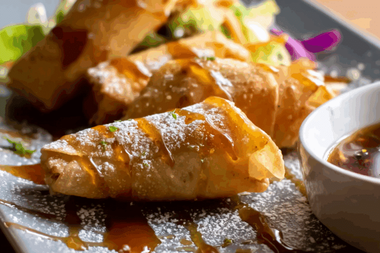 Thai Banana Spring Rolls with Honey Drizzle served on a plate.
