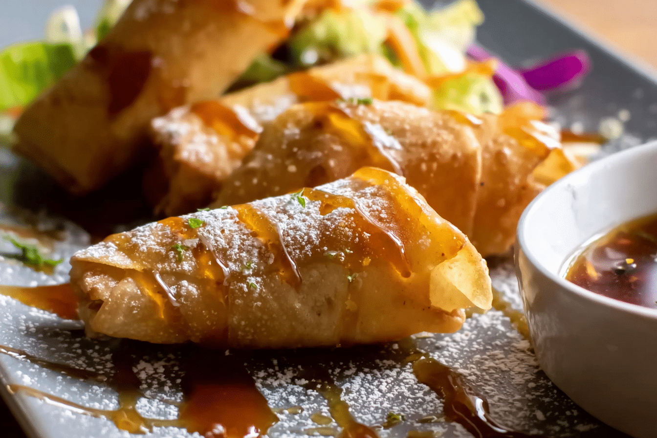 Thai Banana Spring Rolls with Honey Drizzle served on a plate.