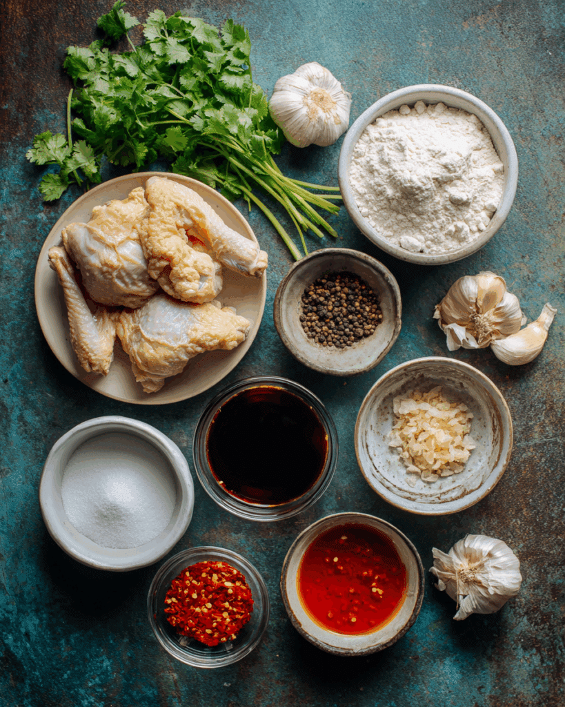 Ingredients for Thai Fish Sauce Fried Chicken including chicken, garlic, cilantro, soy sauce, fish sauce, and rice flour