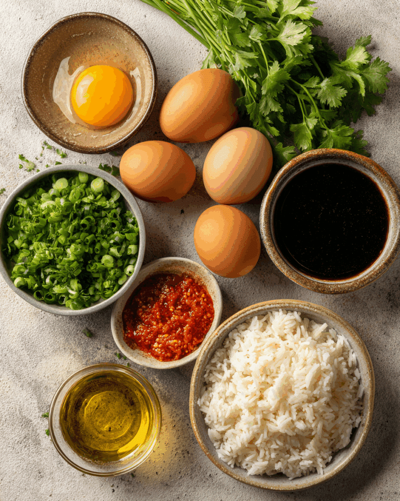Ingredients for Thai Omelette Salad with eggs, vegetables, and lime
