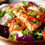 Fresh Thai Salmon Salad with Sesame Ginger Dressing served in a ceramic bowl.