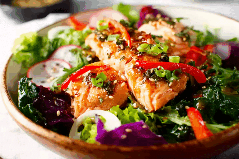 Fresh Thai Salmon Salad with Sesame Ginger Dressing served in a ceramic bowl.