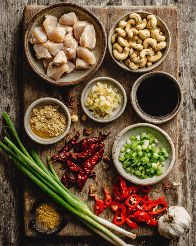 Ingredients for Thai Chicken with Cashew Nuts and Dried Chili  laid out on a table.